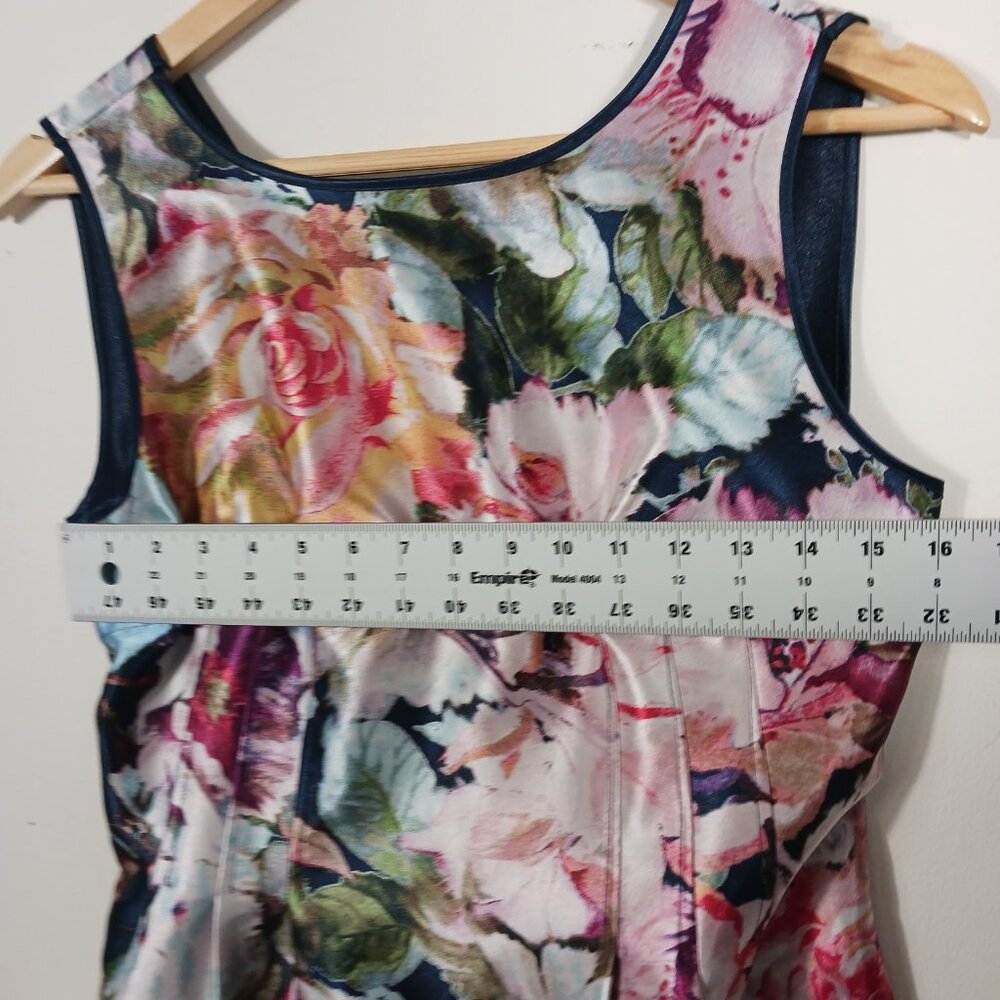 Nicole Miller Reversible Satin Dress SZ 8, Floral and Navy, Full Length Back Zip - Picture 14 of 16